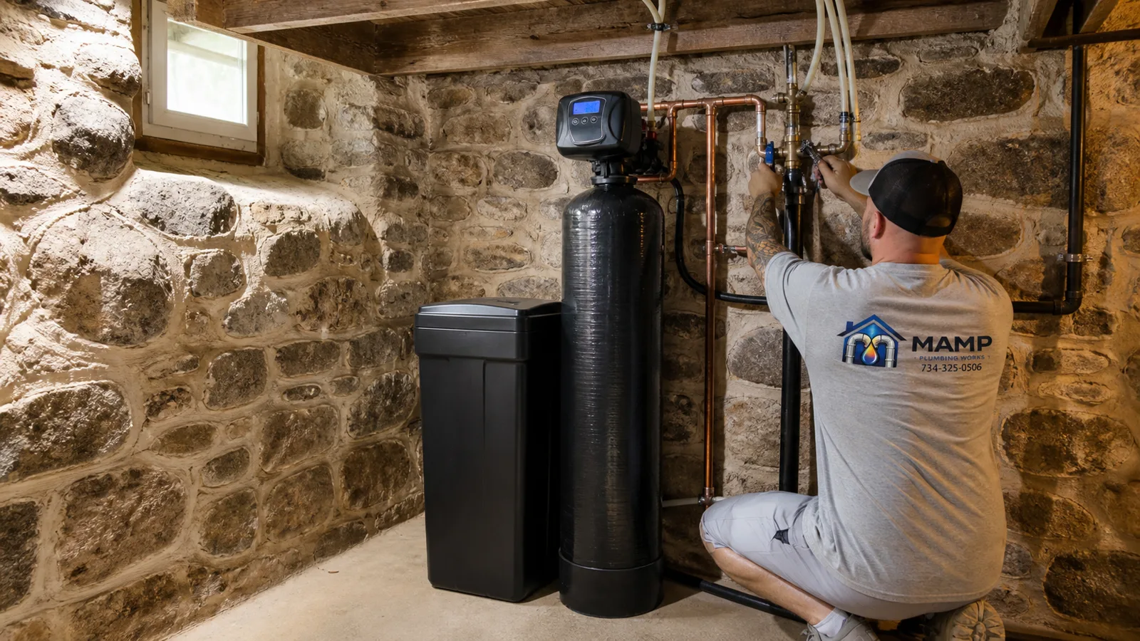 David Mamp installing a water softener and brine tank against a fieldstone basement wall in a Washtenaw County home